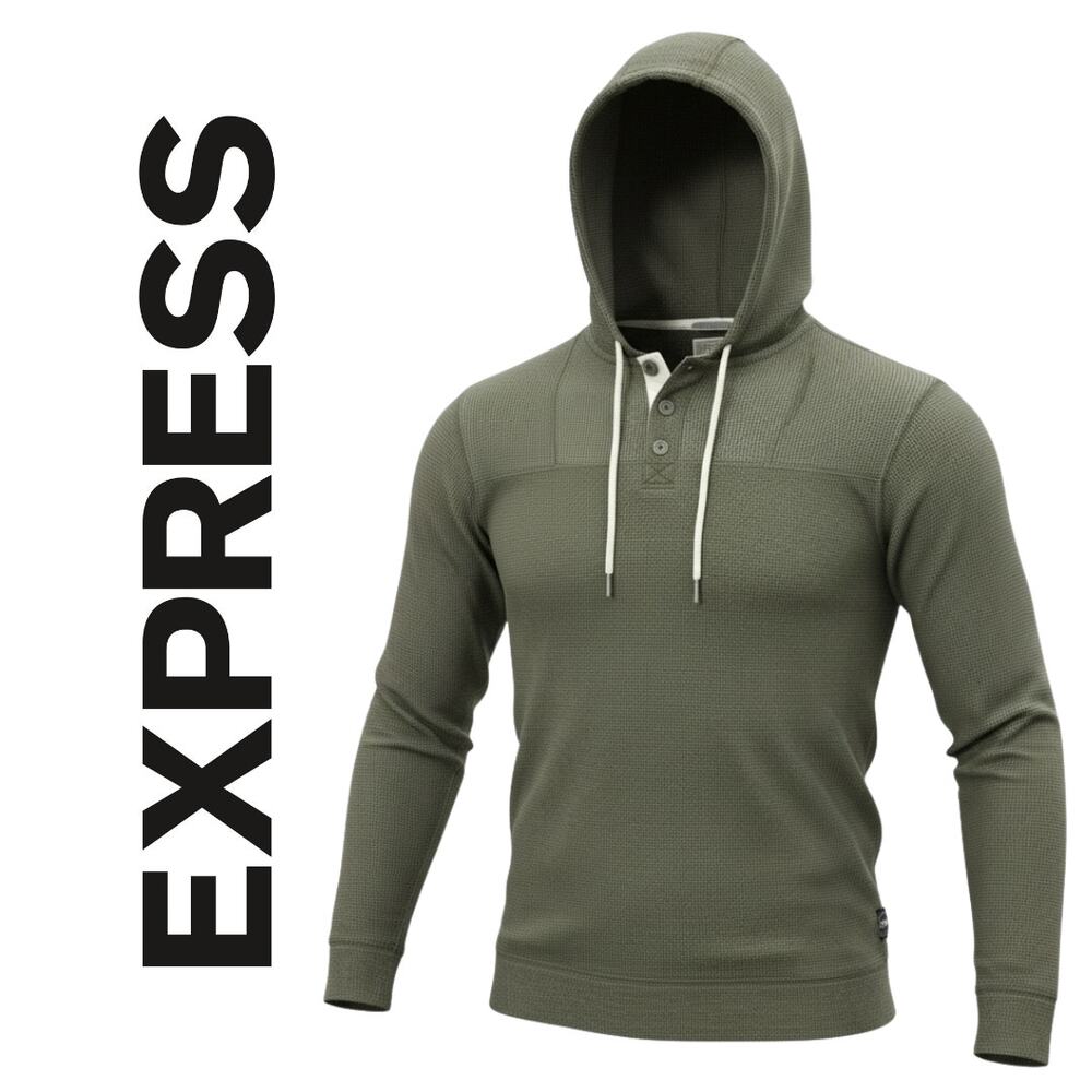Express Waffle Knit Hooded Pullover Olive Green Long Sleeve Hoodie M